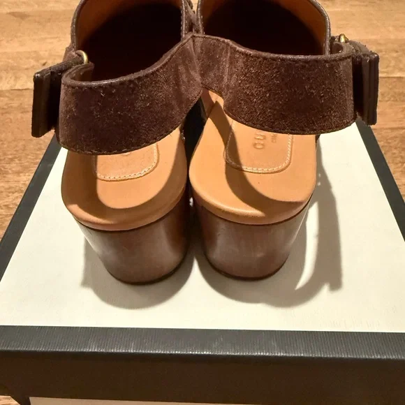 Gucci Brown Suede Mules with Gold Accents - Picture 5 of 7